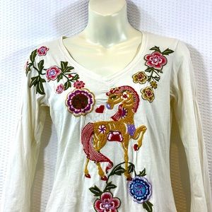 Johnny Was JWLA Embroidered Horse Floral Ling Sleeve Blouse